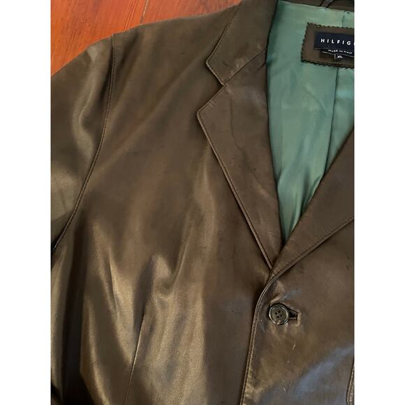 Hilfiger Made in Italy XL Brown Leather Blazer Jacket Men Vintage 3-Button Coat - Picture 7 of 10